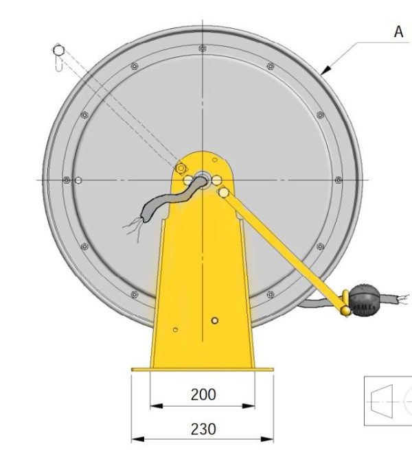 En ritning av ett gult hjul med ett gult handtag, även känd som en Kabelvinda 20m 1x70mm².