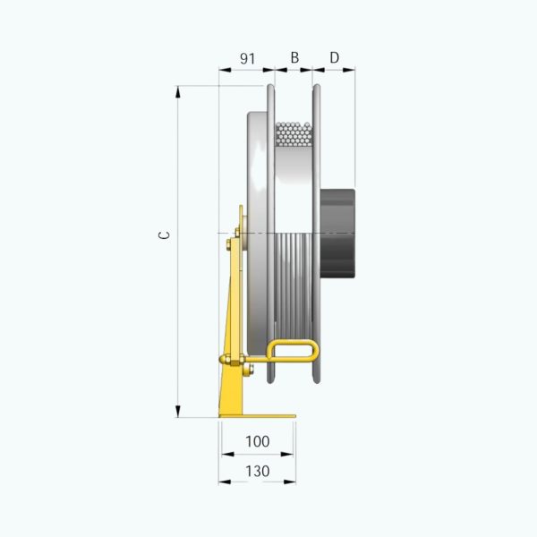 Ett diagram som visar måtten på en Serie 500 -Kabelvinda 20m 5x2,5mm².