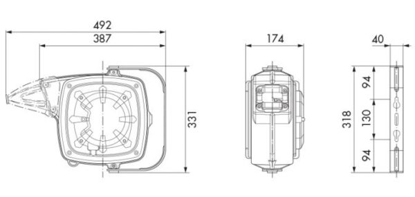 En ritning som visar måtten på en Kabelvinda med 14m 3x1,5mm² strålkastare.